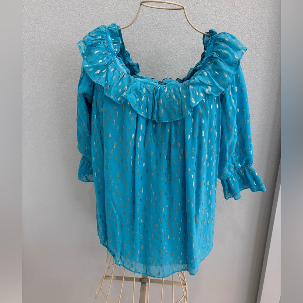 Lilly Pulitzer CeeCee on OR off the Shoulder Turquoise Metallic top Size Large